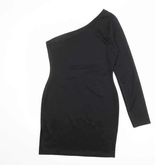 PRETTYLITTLETHING Womens Black Polyester Bodycon Size 12 One Shoulder Pullover