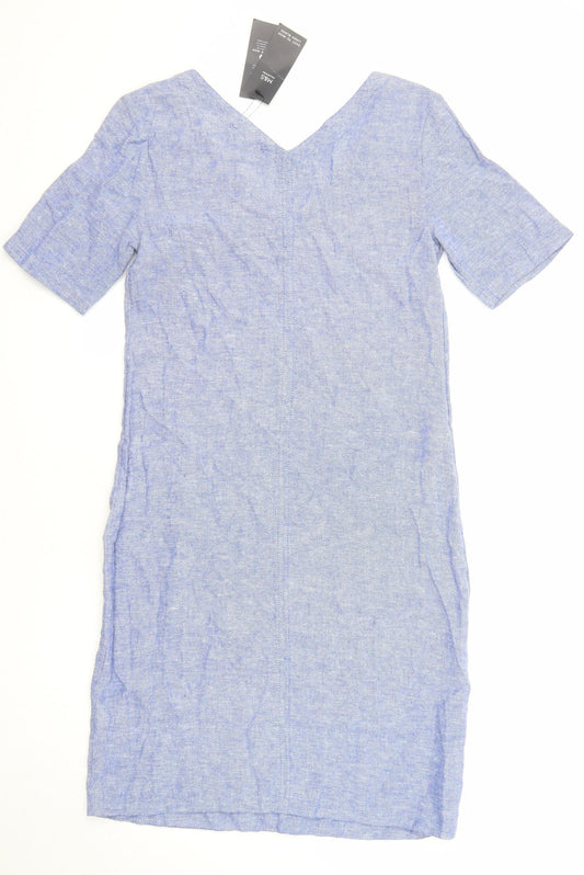 Marks and Spencer Womens Blue Linen Pencil Dress Size 6 V-Neck Pullover