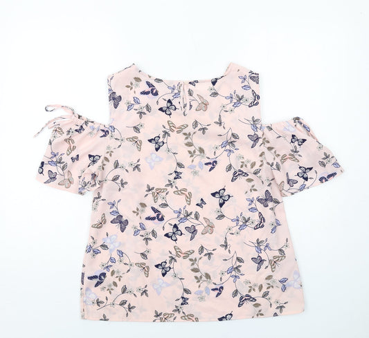 M&Co Womens Pink Geometric Polyester Basic Blouse Size 12 Round Neck - Butterfly Pattern Cold Shoulder