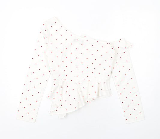Nasty Gal Womens White Polka Dot Polyester Basic Blouse Size 8 Off the Shoulder - Asymmetric Neckline