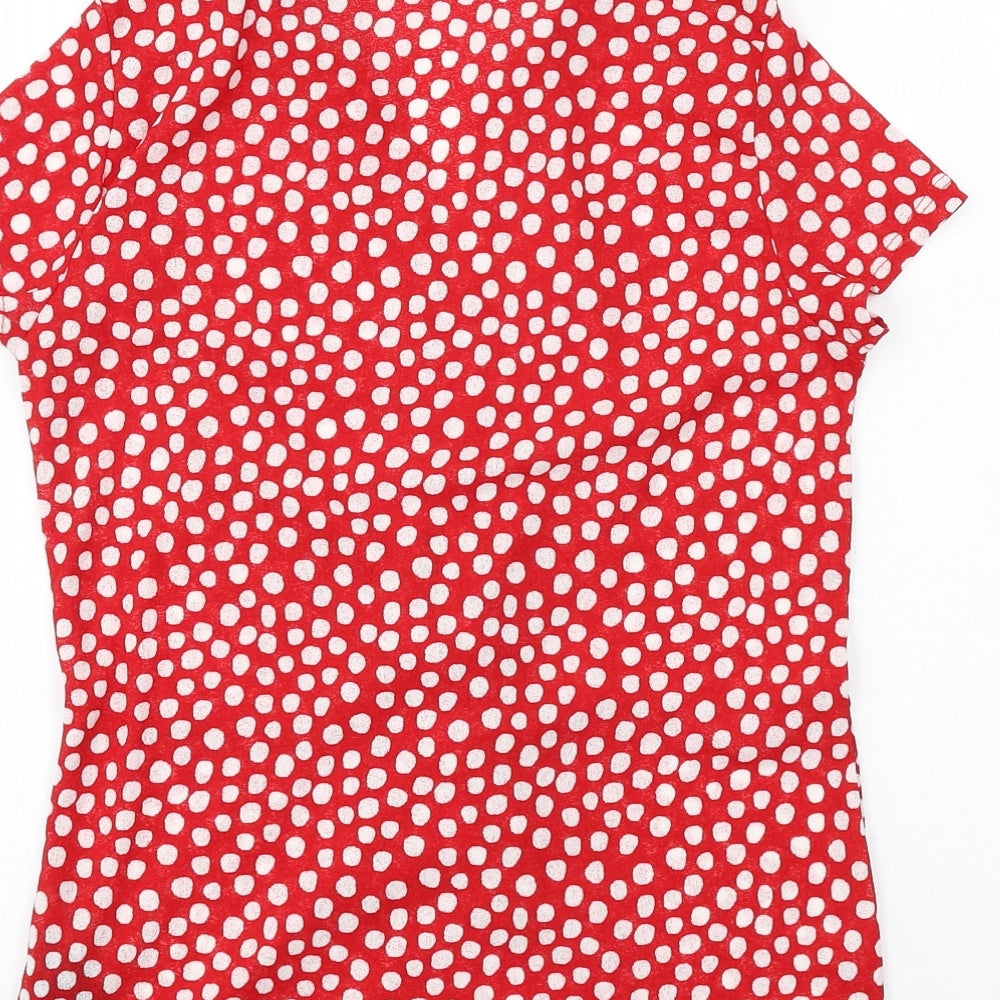M&Co Womens Red Polka Dot Polyester Basic Button-Up Size 12 Collared
