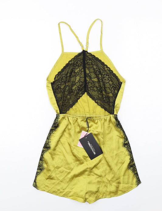 PRETTYLITTLETHING Womens Green Polyester Playsuit One-Piece Size 6 Pullover - Lace Details, Open Back