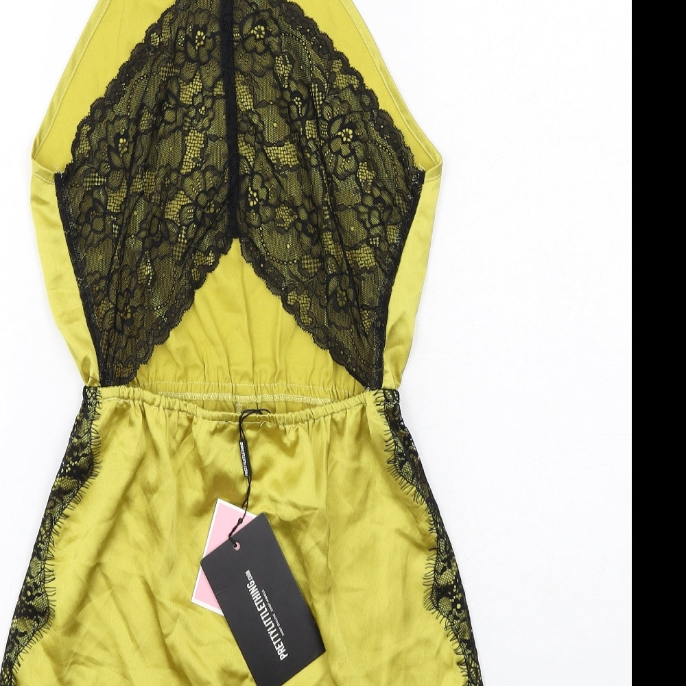 PRETTYLITTLETHING Womens Green Polyester Playsuit One-Piece Size 6 Pullover - Lace Details, Open Back