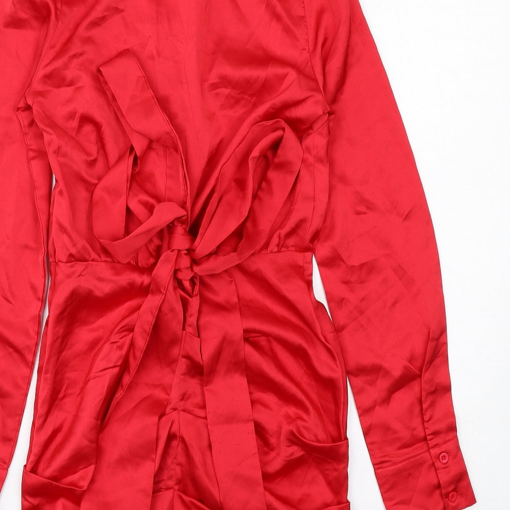 PRETTYLITTLETHING Womens Red Polyester Shirt Dress Size 8 Collared Button