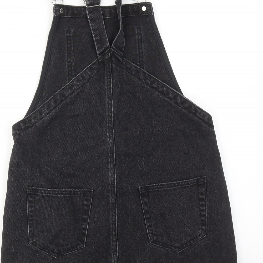 Topshop Womens Black Cotton Pinafore/Dungaree Dress Size 8 Square Neck Buckle