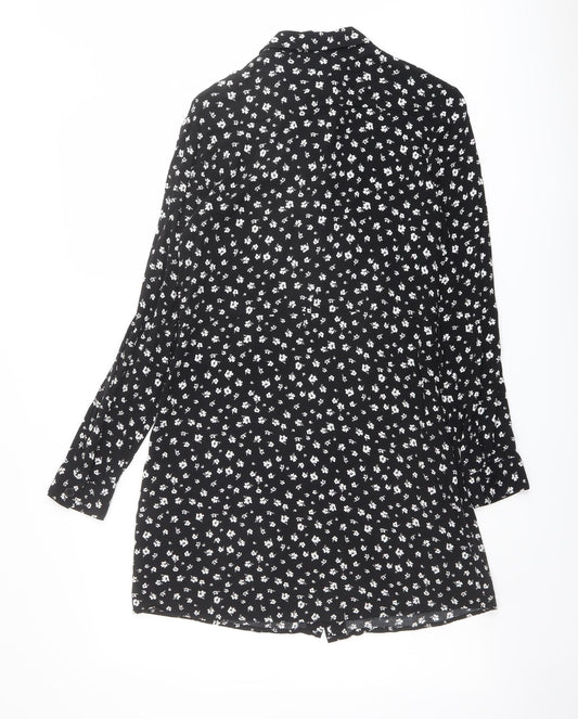 H&M Womens Black Floral Viscose Shirt Dress Size 8 Collared Button