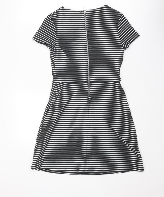 New Look Womens Black Striped Polyester Shift Size 10 Round Neck Zip