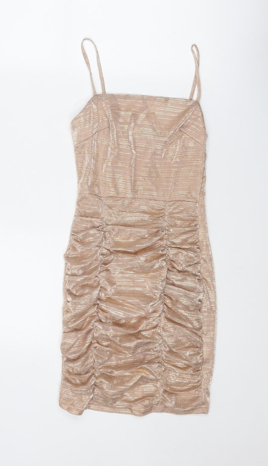 NaaNaa Womens Gold Geometric Polyester Slip Dress Size 8 Square Neck Pullover
