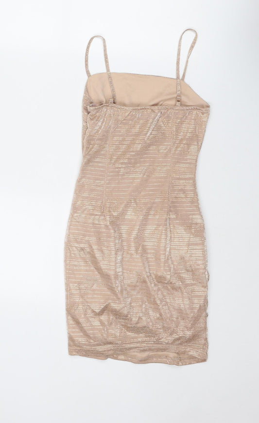 NaaNaa Womens Gold Geometric Polyester Slip Dress Size 8 Square Neck Pullover