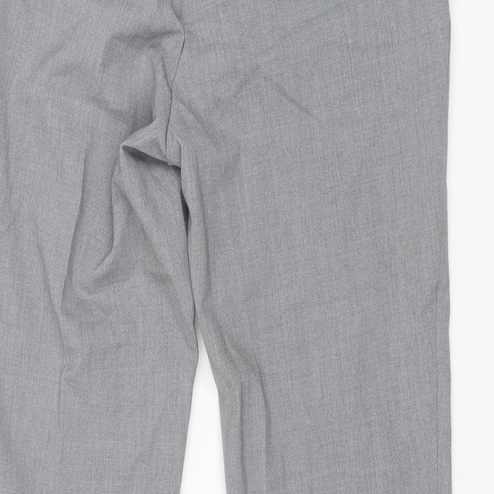 Brand and care label for ASOS men’s grey polyester chino trousers, size 30, in, 26-inch leg regular zip