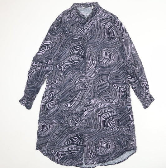 Additional front view of b.young women’s blue geometric viscose shirt dress, size UK 12, round neck button