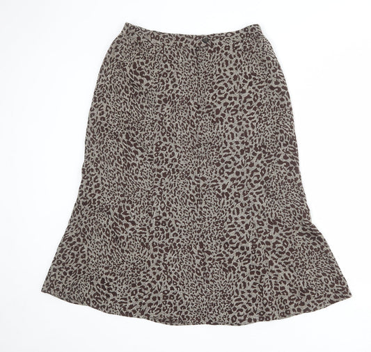 Back view of Oscar B women’s brown animal print polyester a-line skirt, size UK 14, zip - leopard pattern