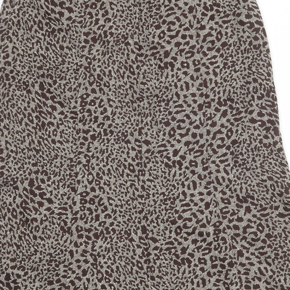 Brand and care label for Oscar B women’s brown animal print polyester a-line skirt, size UK 14, zip - leopard pattern