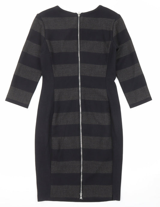 Oui Womens Black Striped Polyester Shift Size 10 Round Neck Zip
