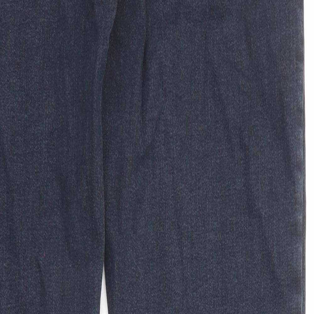 Brand and care label for ASOS women’s blue cotton skinny jeans, size UK 28, in, 32-inch leg regular zip