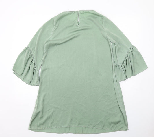 Zara Womens Green Polyester A-Line Size S Round Neck Button
