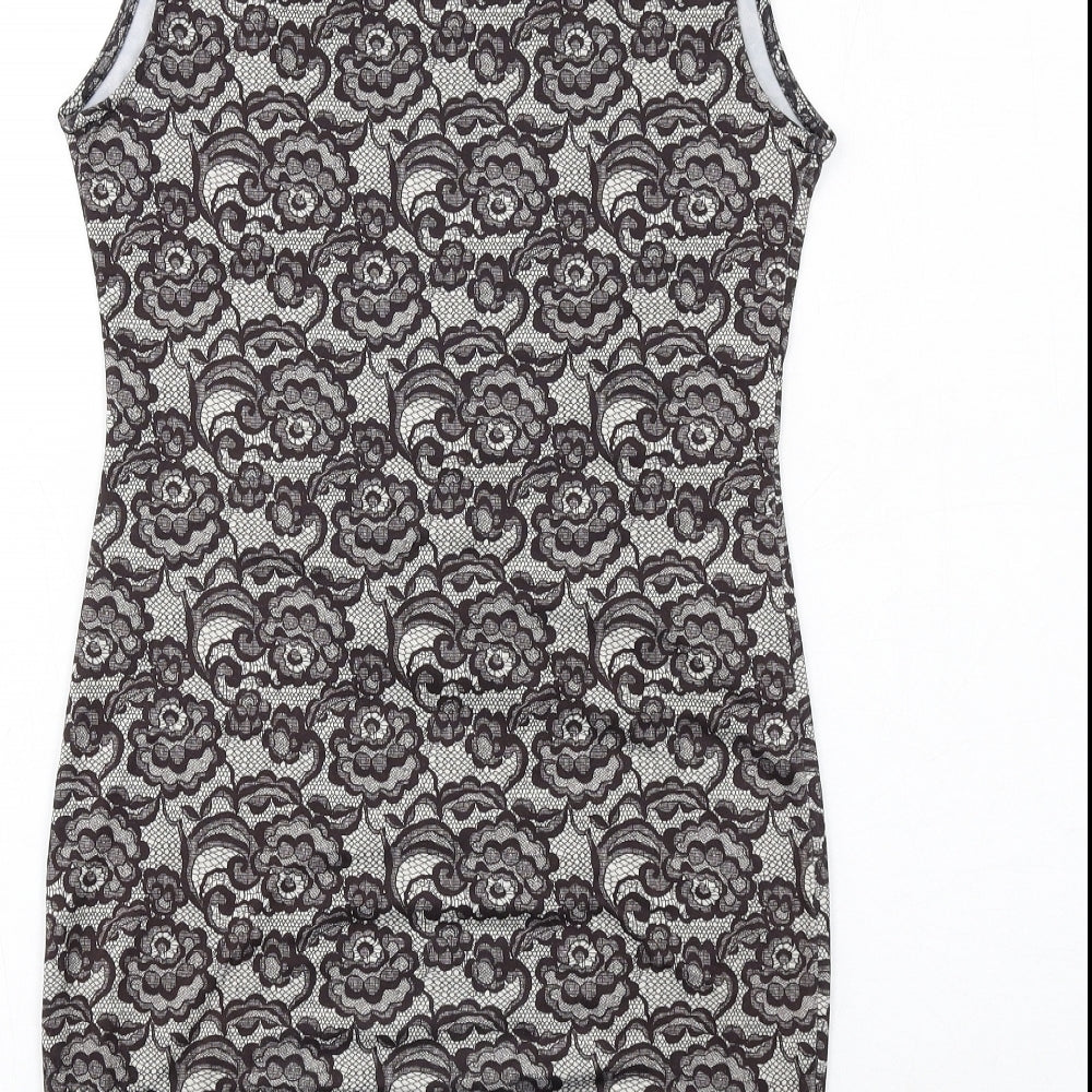 FOREVER 21 Womens Grey Floral Polyester Shift Size M Boat Neck Pullover