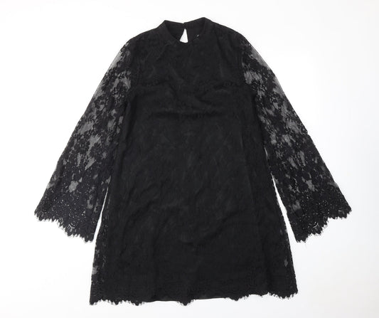 Additional front view of Miss Selfridge women’s black polyamide a-line, size UK 10, mock neck button