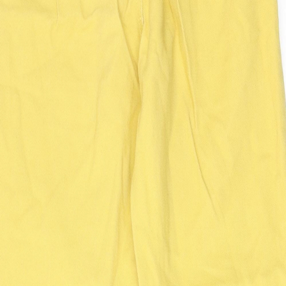 Brand and care label for Denim & Co. women’s yellow cotton tapered jeans, size UK 6, 25-inch leg regular zip - paperbag waist
