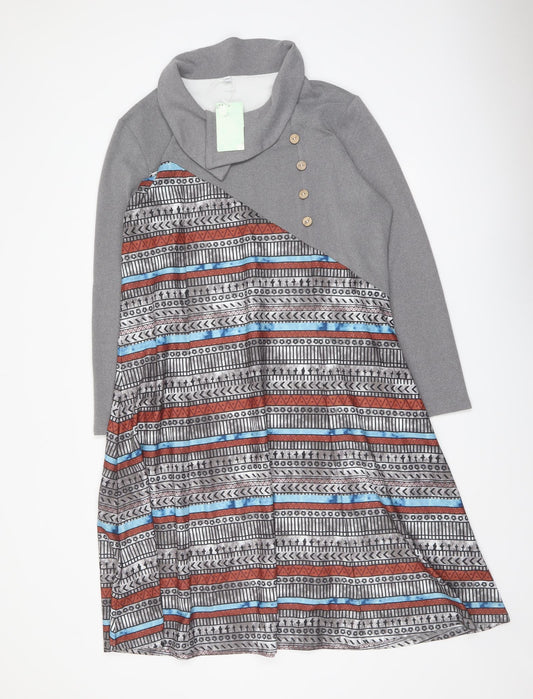 Maria & Gabriela Womens Grey Geometric Cotton Trapeze & Swing Size 2XL Collared Pullover