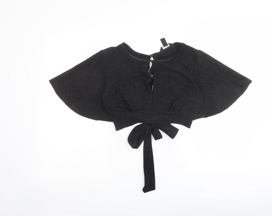 New Look Womens Black Polyester Cropped Blouse Size 8 Boat Neck - Tie Back Detail