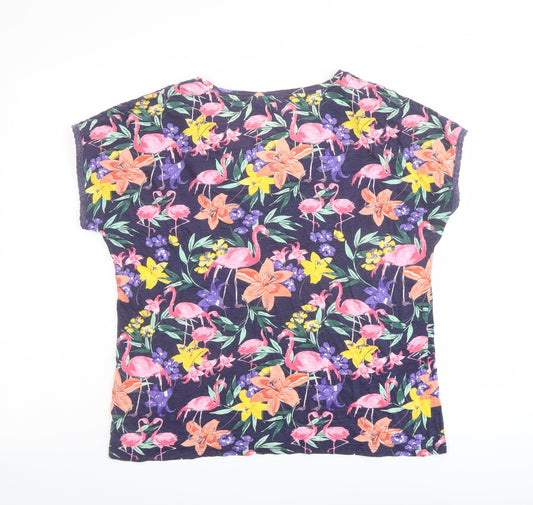 M&Co Womens Multicoloured Geometric Cotton Basic T-Shirt Size 14 V-Neck - Flamingo