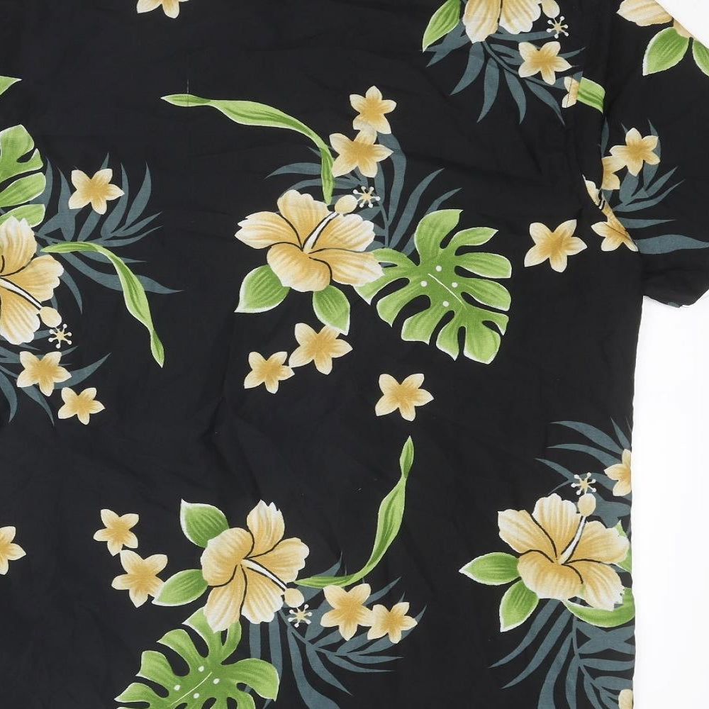 Waikiki Mens Black Geometric Polyester Button-Up Size S Collared Button - Leaf Print