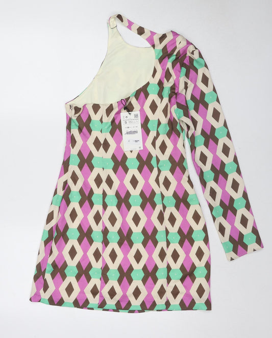 Zara Womens Multicoloured Geometric Polyester Mini Size S One Shoulder Zip