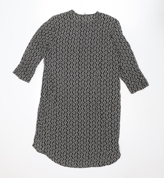 H&M Womens Black Geometric Viscose A-Line Size 8 Round Neck Button