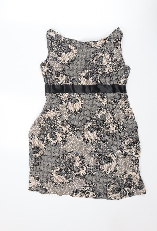 New Look Womens Pink Floral Polyester Pencil Dress Size 12 Boat Neck Zip - Lace Overlay