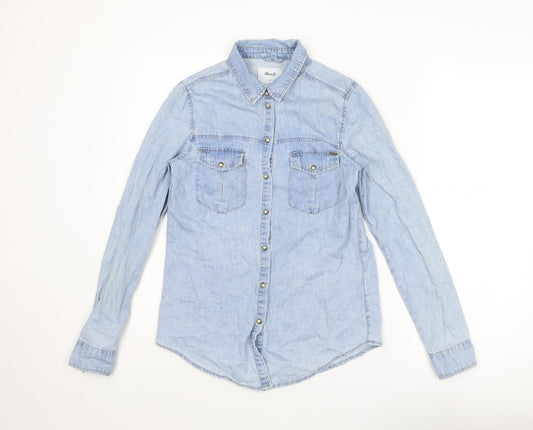 Additional front view of Denim & Co. women’s blue cotton basic button-up, size UK 8, collared