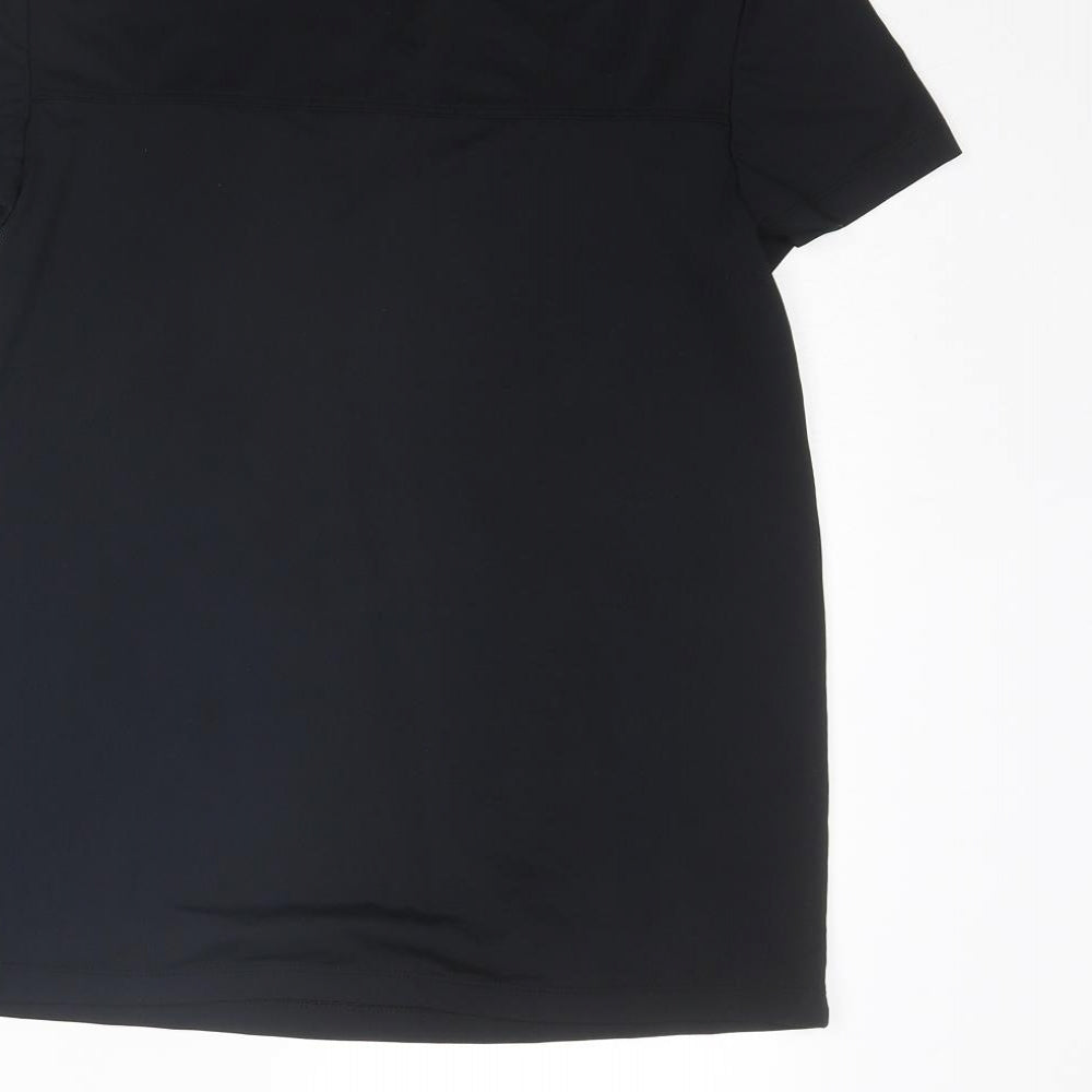 Brand and care label for ASOS women’s black polyester basic t-shirt, size UK 8, round neck pullover