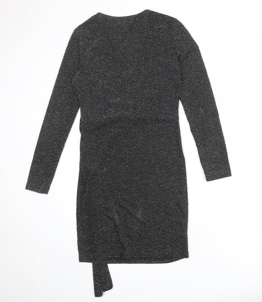 Blue Vanilla Womens Black Geometric Nylon Wrap Dress Size 10 V-Neck Tie