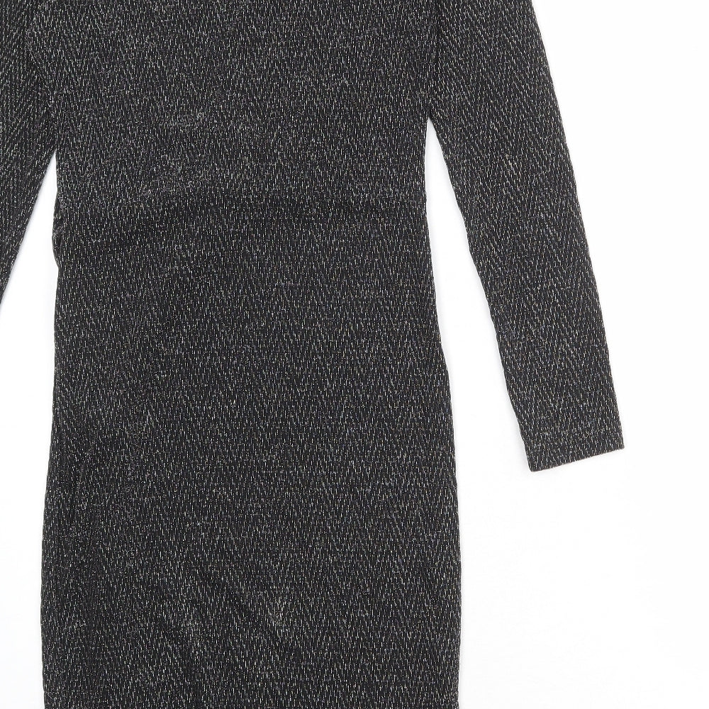 Blue Vanilla Womens Black Geometric Nylon Wrap Dress Size 10 V-Neck Tie