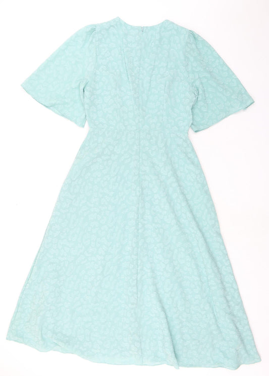 Marks and Spencer Womens Green Animal Print Polyester A-Line Size 10 Round Neck Zip - Ruched Detail