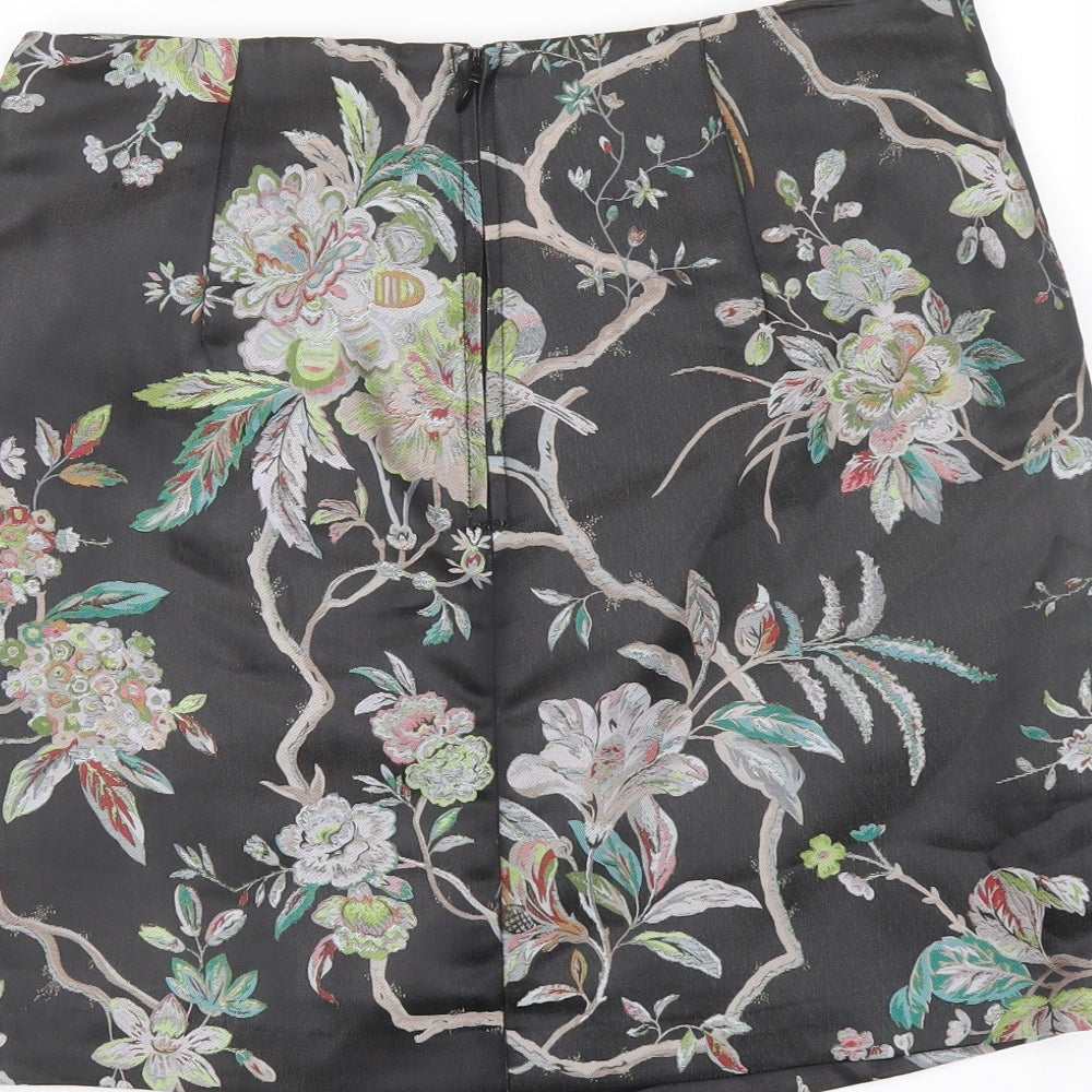 H&M Womens Black Floral Polyester A-Line Skirt Size 12 Zip