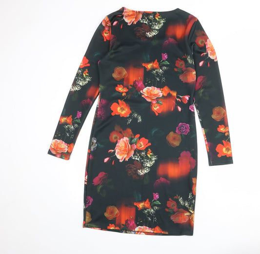 B.You Womens Black Floral Polyester Sheath Size 12 Boat Neck Pullover