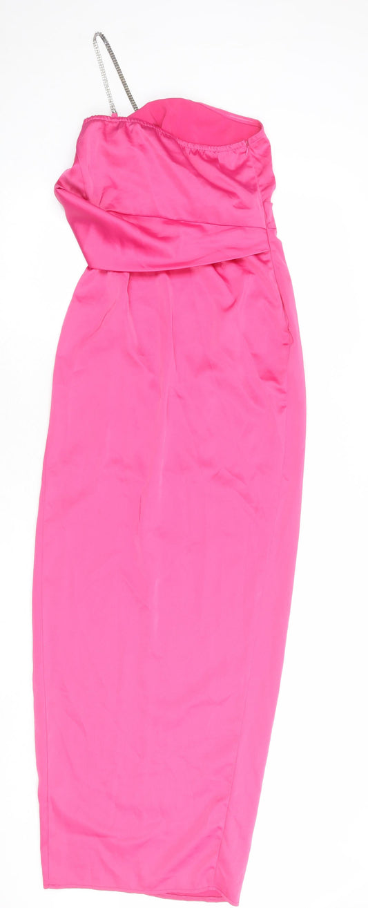 PRETTYLITTLETHING Womens Pink Polyester Slip Dress Size 4 One Shoulder Zip