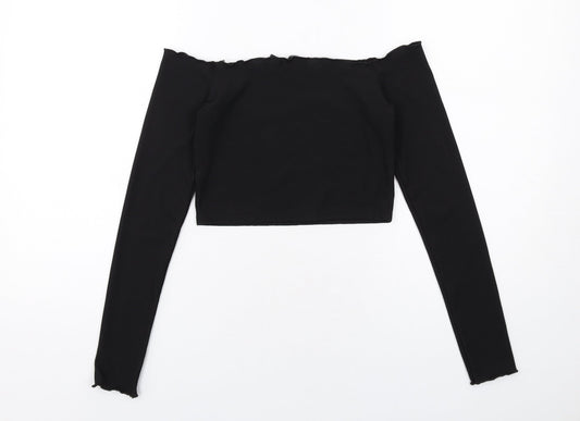 Nasty Gal Womens Black Polyester Cropped T-Shirt Size 6 Off the Shoulder