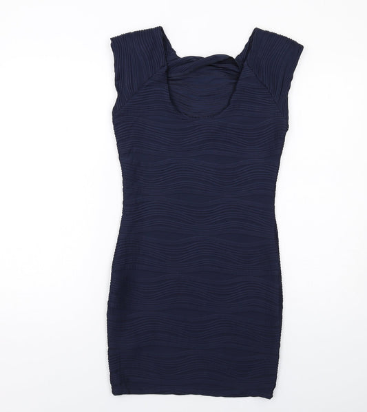 AX Paris Womens Blue Polyester Mini Size 10 Boat Neck Pullover - Textured