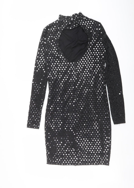River Island Womens Black Geometric Nylon Shift Size 10 Mock Neck Button - Open Back