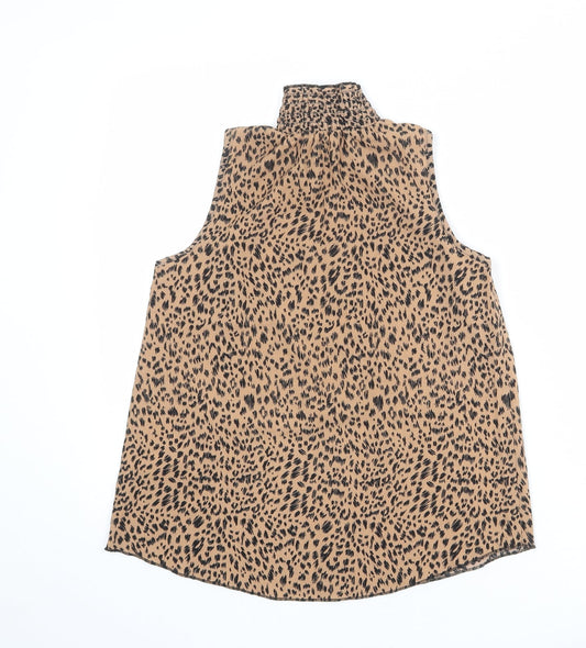 New Look Womens Brown Animal Print Polyester Basic Blouse Size 6 High Neck