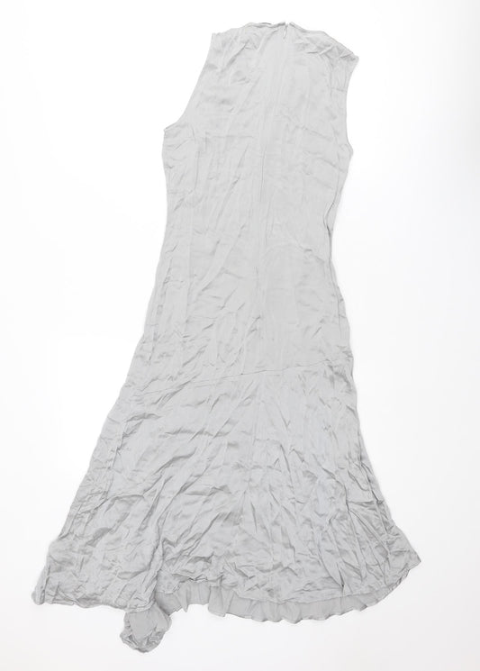 Back view of Limited Edition women’s silver viscose a-line, size UK 6, round neck zip