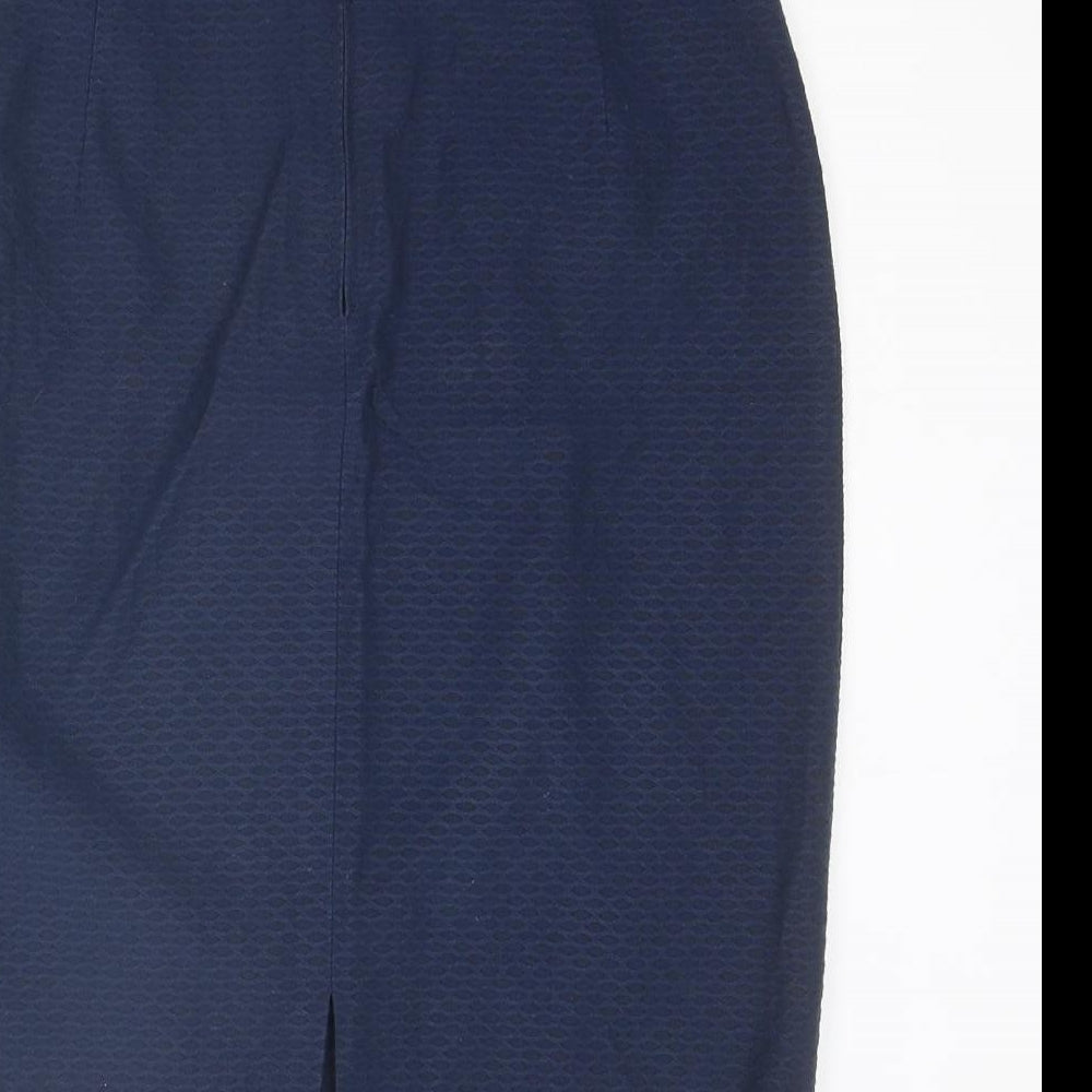 Brand and care label for C&A women’s blue polyester straight & pencil skirt, size UK 14, zip