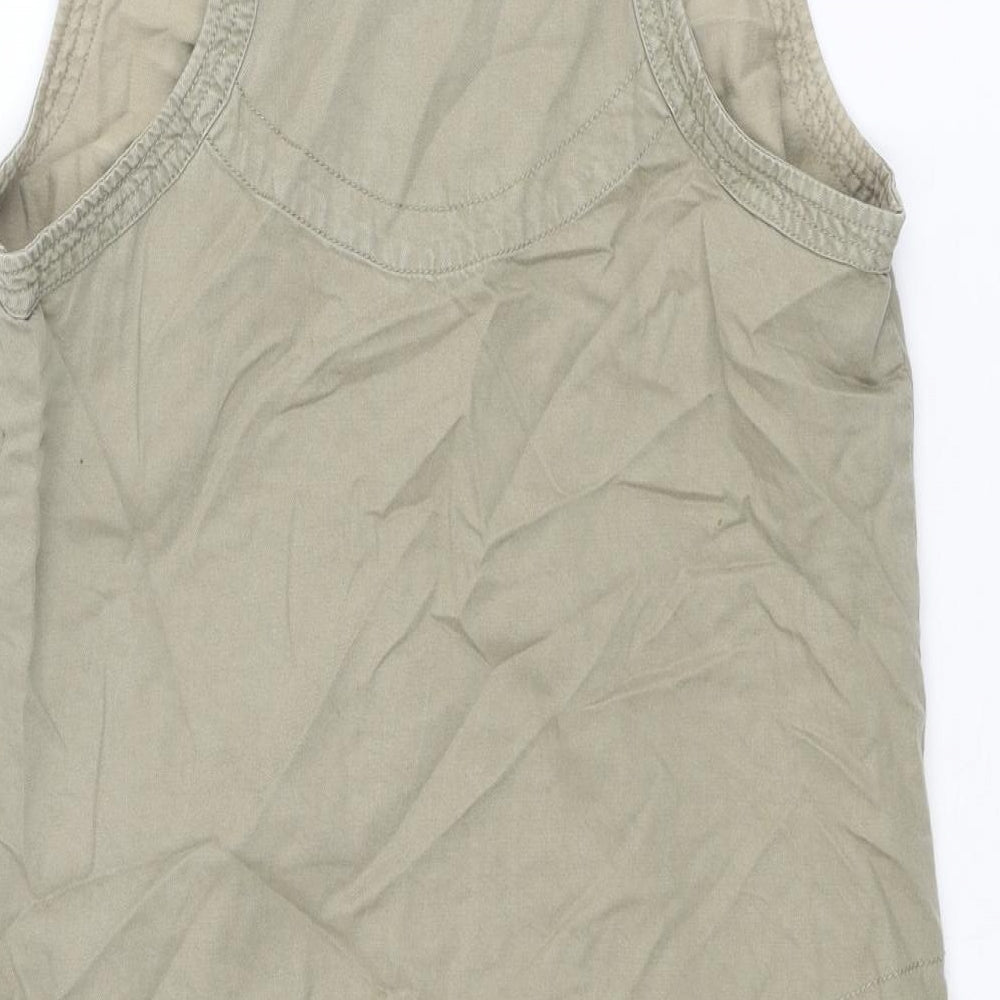 Brand and care label for River Island women’s green cotton mini, size UK 10, scoop neck pullover