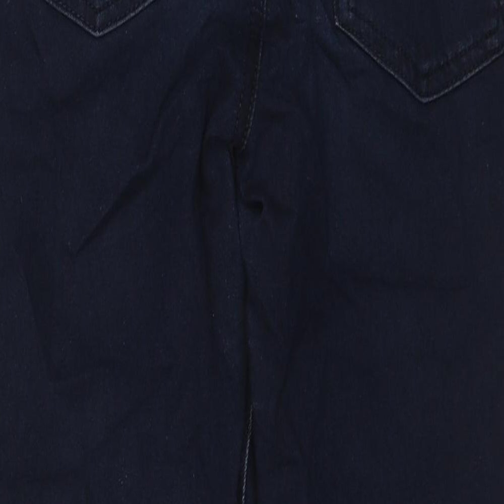 Brand and care label for Marks and Spencer women’s blue cotton straight jeans, size UK 8, 21-inch leg regular zip