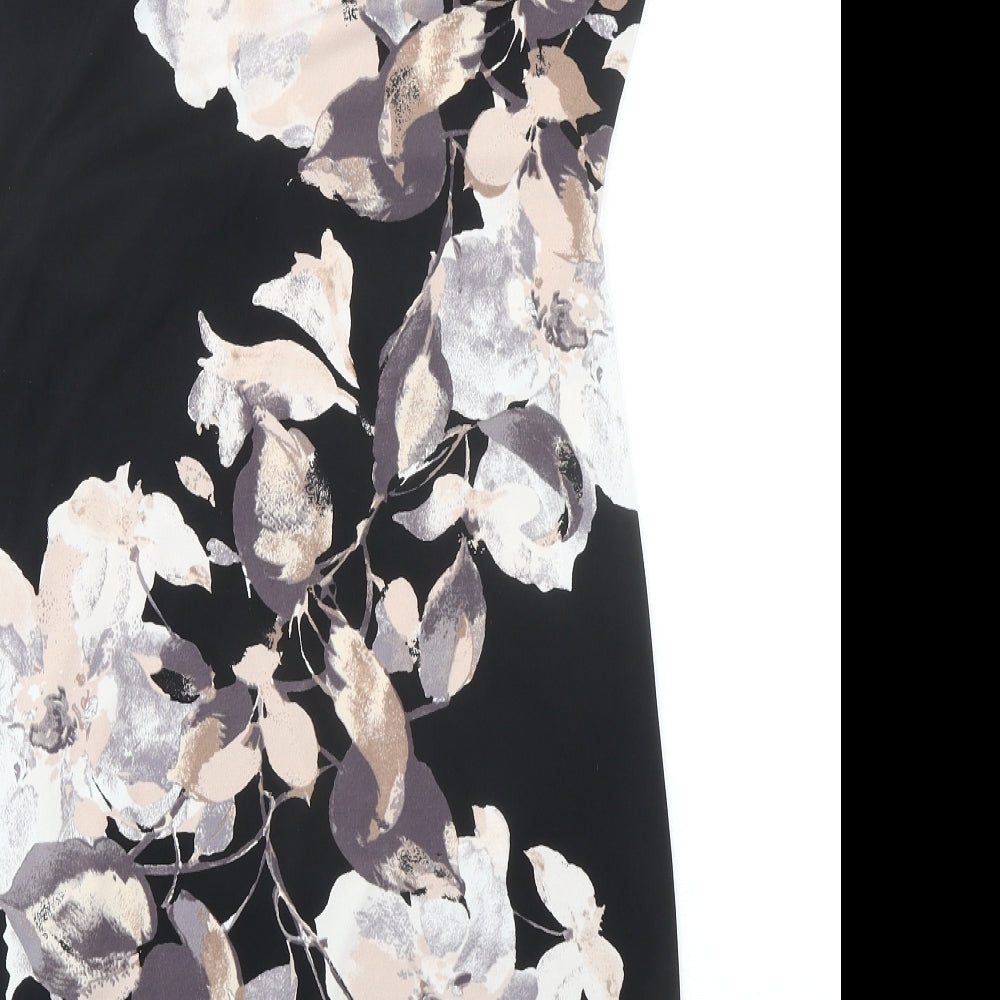 Wallis Womens Black Floral Polyester Shift Size 10 Boat Neck Zip