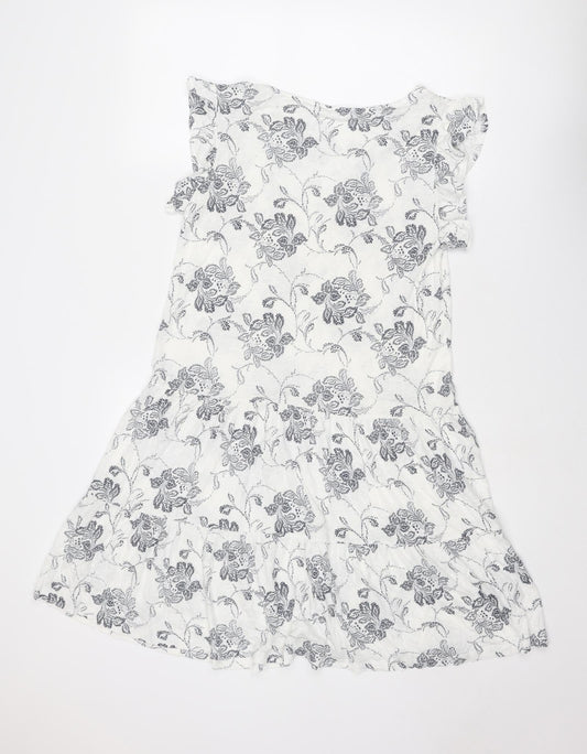 NEXT Womens White Floral Linen Fit & Flare Size 10 V-Neck Pullover