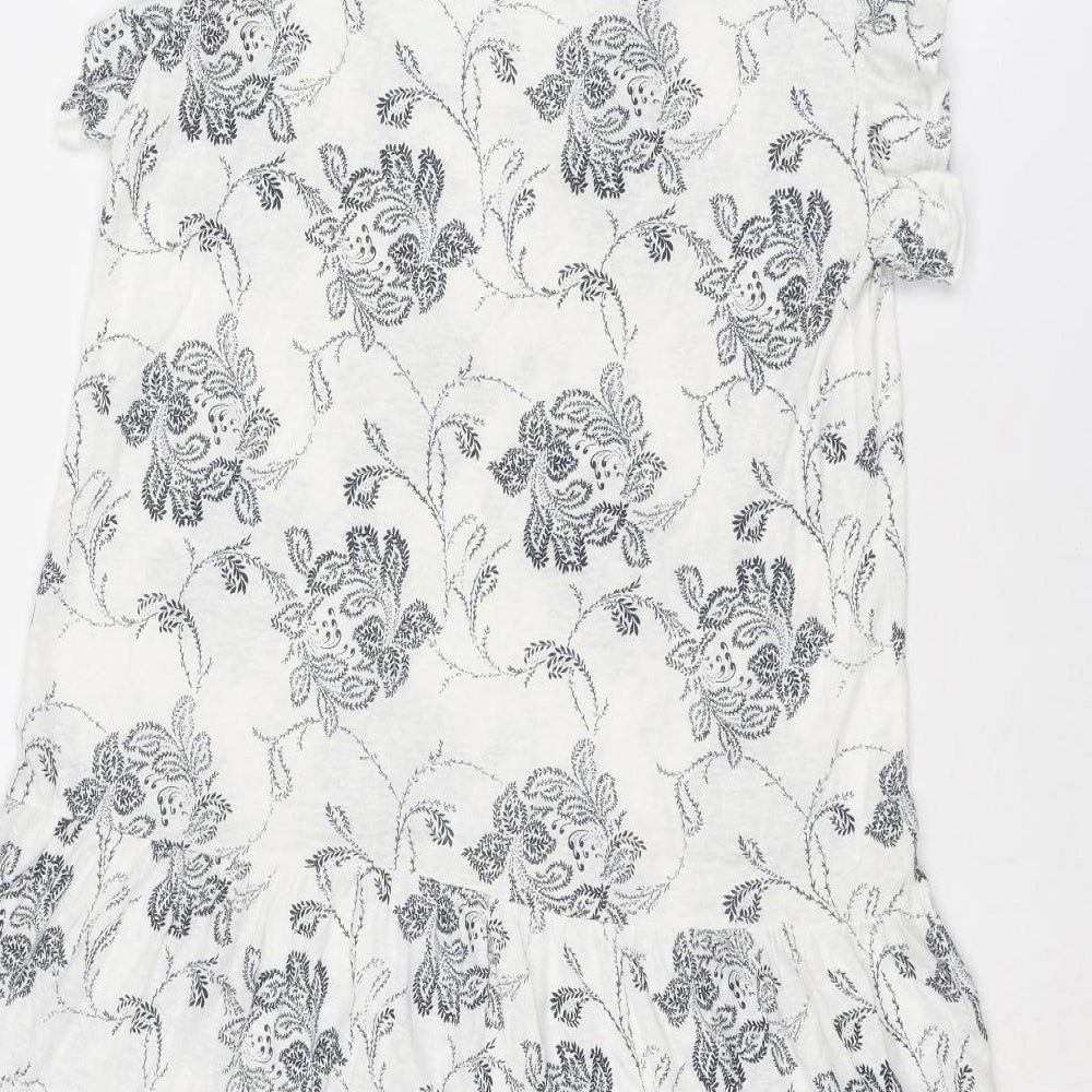 NEXT Womens White Floral Linen Fit & Flare Size 10 V-Neck Pullover