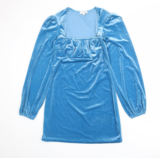 Additional front view of In the Style women’s blue polyester shift, size UK 10, square neck pullover